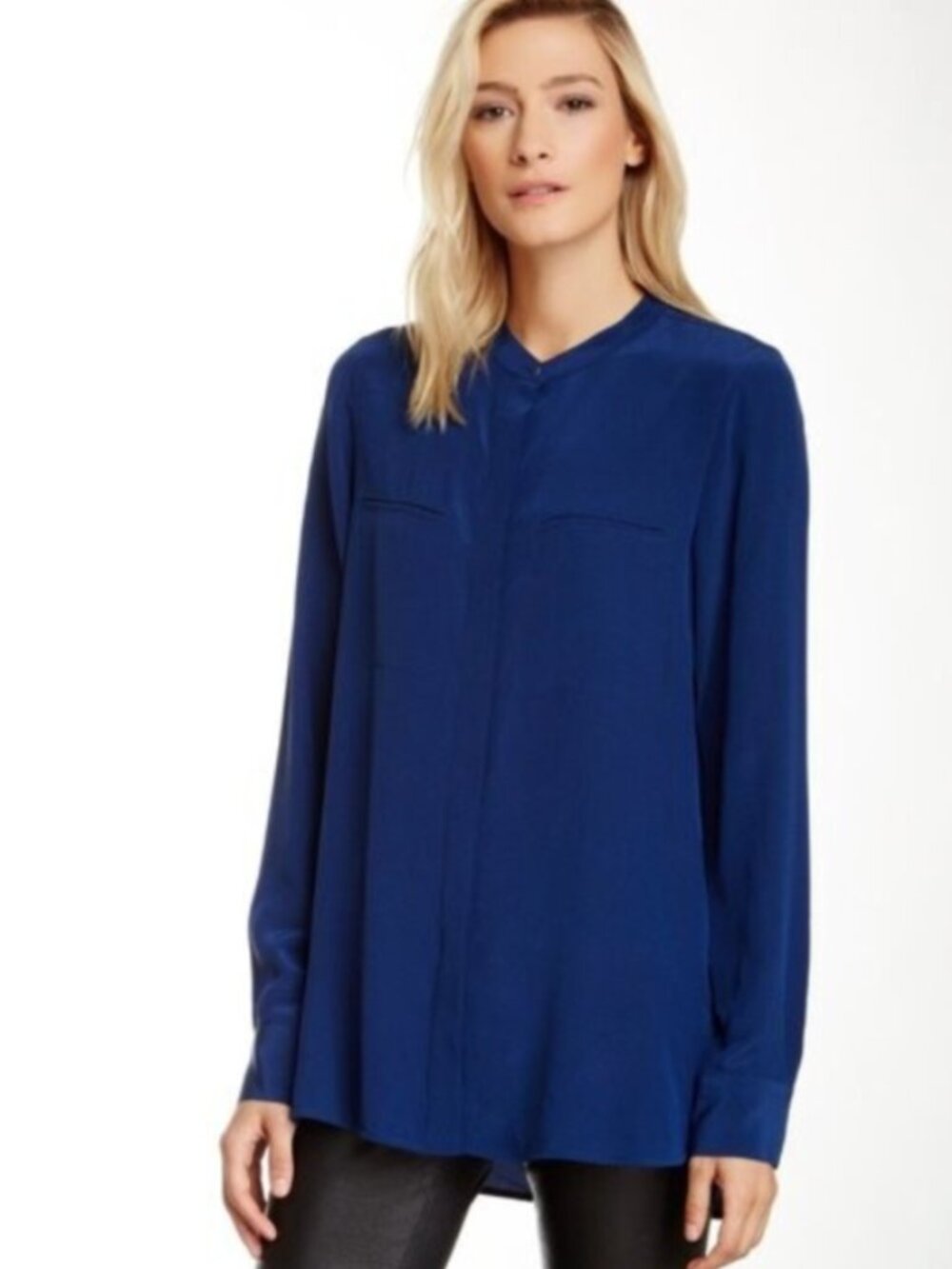 VINCE Blue silk Tunic top w/Banded collar Size 8 w/ornamental flat front pockets